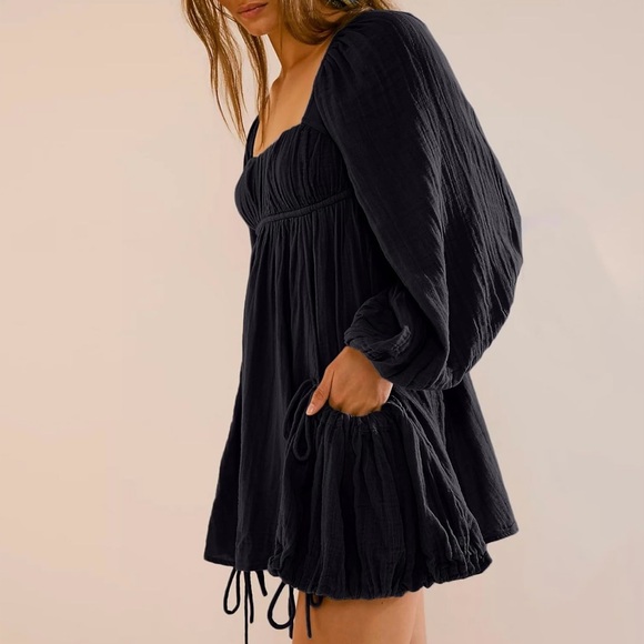 Mini Dress Casual Square Neck Long Sleeves Loose Sundress with Pockets XL - Picture 4 of 7